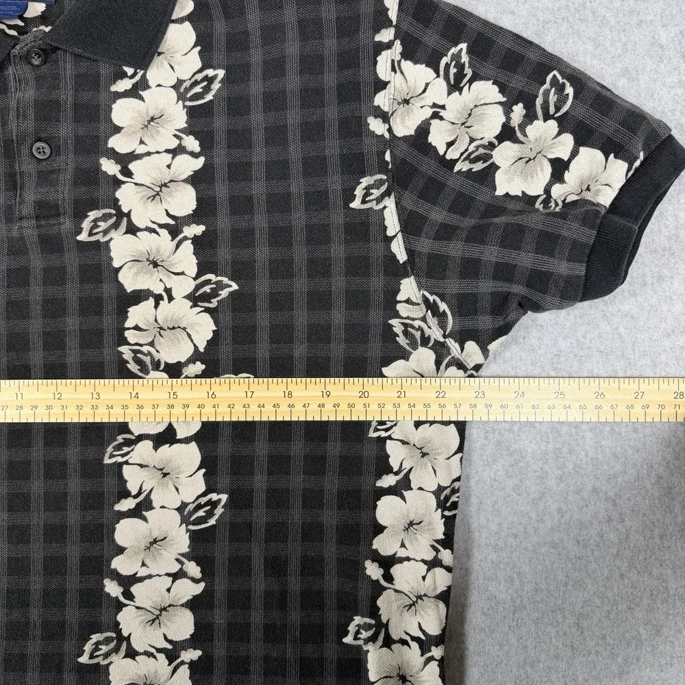 Vintage 90s Chaps Ralph Lauren Polo Shirt Black White Floral Stripes Aloha Retro